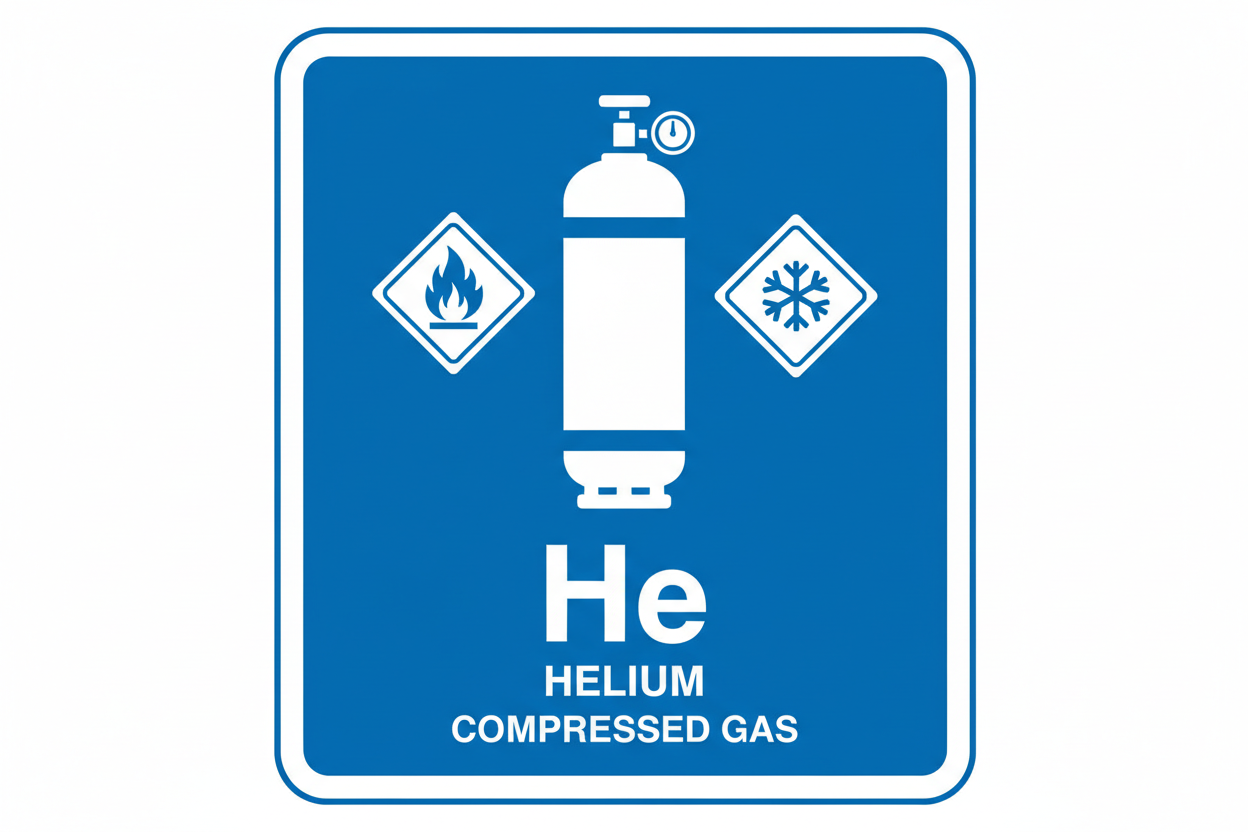 Sign indicating helium compressed gas with safety symbols on a blue background