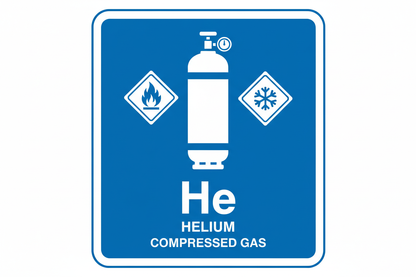 Sign indicating helium compressed gas with safety symbols on a blue background